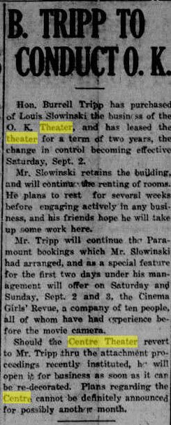 O.K. Theater - AUG 26 1922 ARTICLE